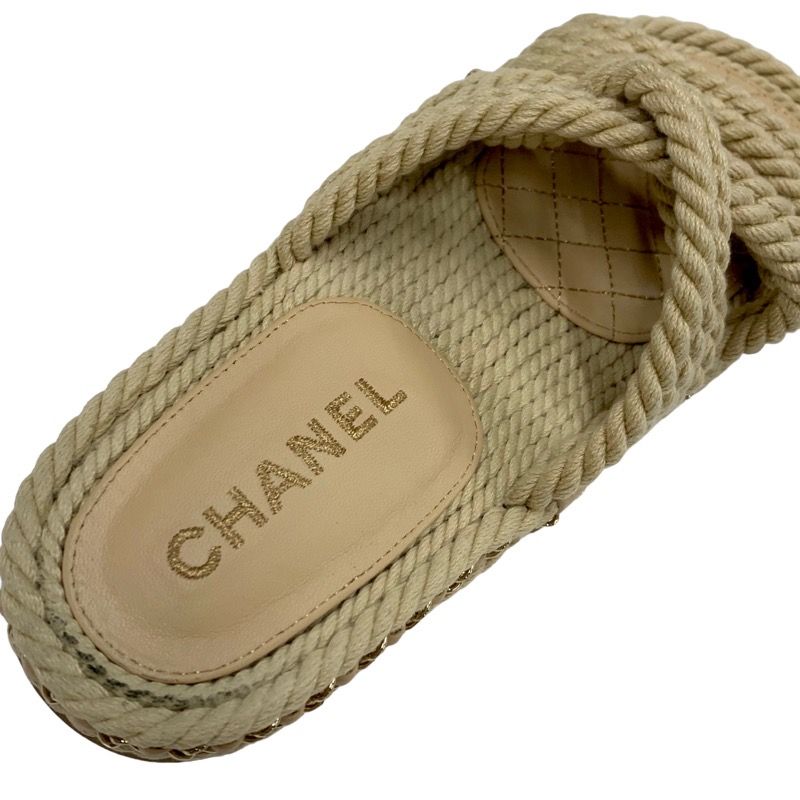 Chanel Sandals Shoes Fabric Leather Beige Here Mark Chain Cord