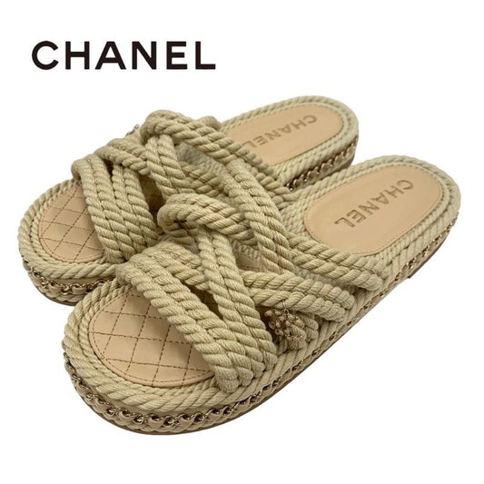 Chanel Sandals Shoes Fabric Leather Beige Here Mark Chain Cord