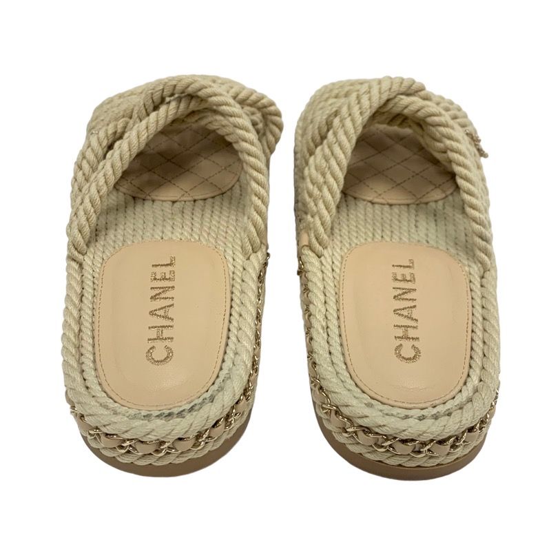 Chanel Sandals Shoes Fabric Leather Beige Here Mark Chain Cord