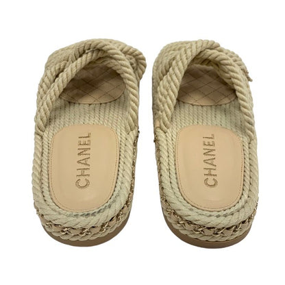 Chanel Sandals Shoes Fabric Leather Beige Here Mark Chain Cord