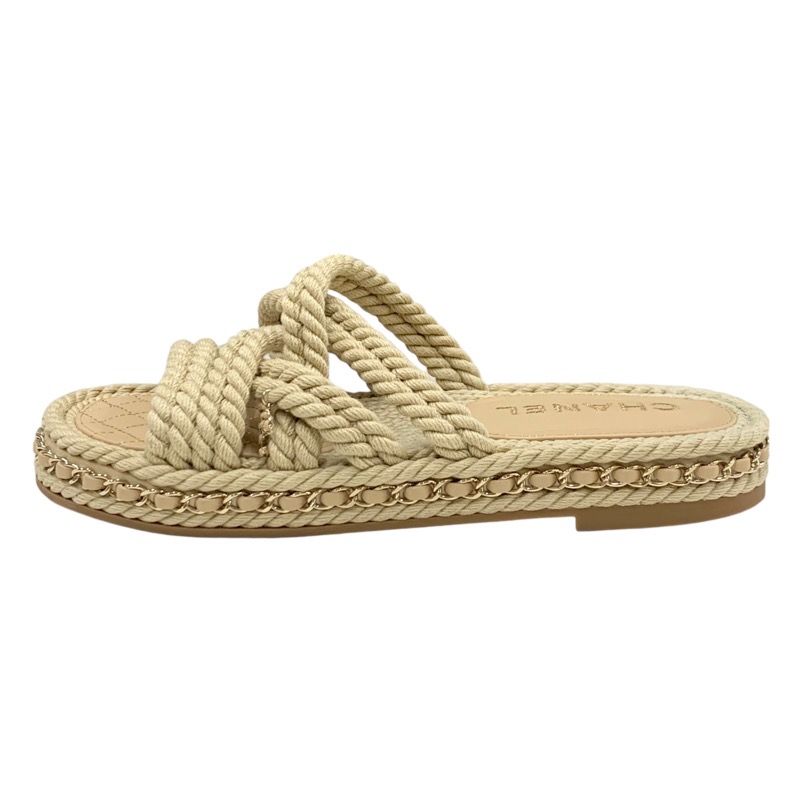 Chanel Sandals Shoes Fabric Leather Beige Here Mark Chain Cord