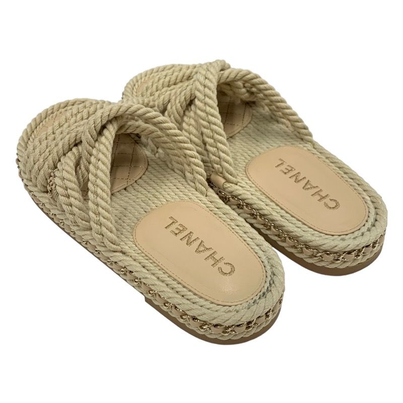 Chanel Sandals Shoes Fabric Leather Beige Here Mark Chain Cord