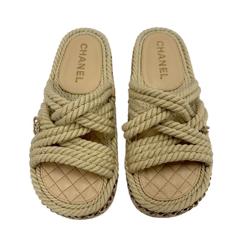 Chanel Sandals Shoes Fabric Leather Beige Here Mark Chain Cord