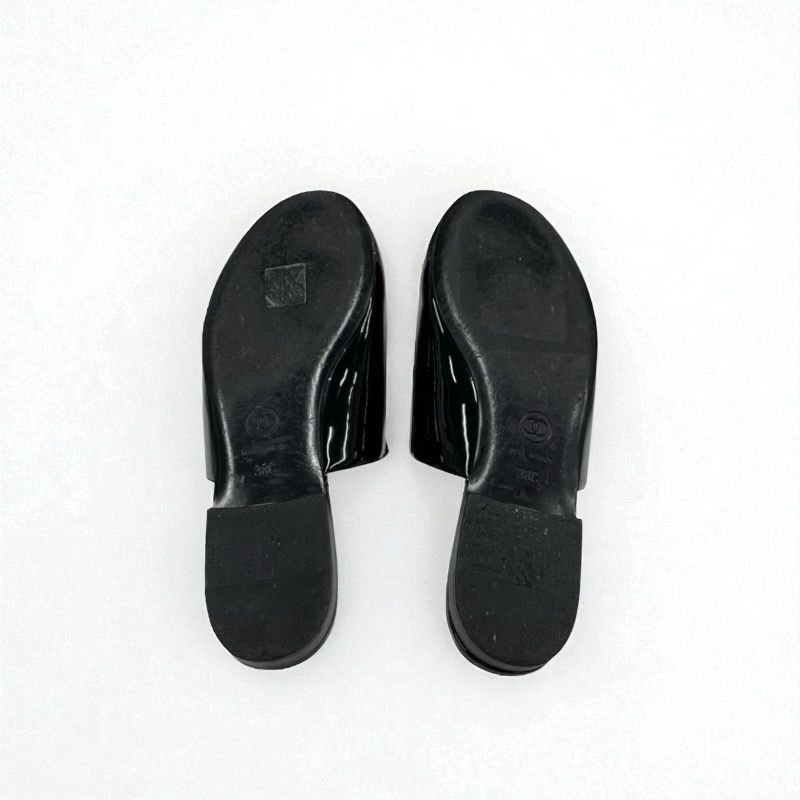 Chanel Flat Shoes Patent Fabric Black Gold Mule Logo Lame
