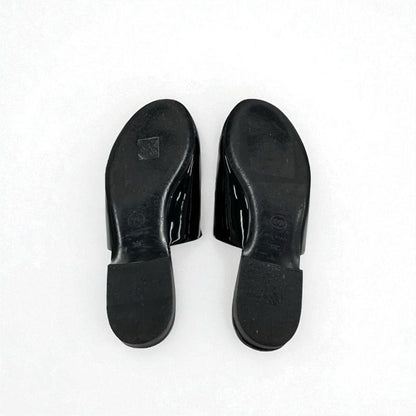 Chanel Flat Shoes Patent Fabric Black Gold Mule Logo Lame