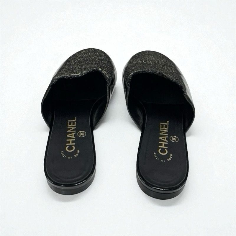 Chanel Flat Shoes Patent Fabric Black Gold Mule Logo Lame
