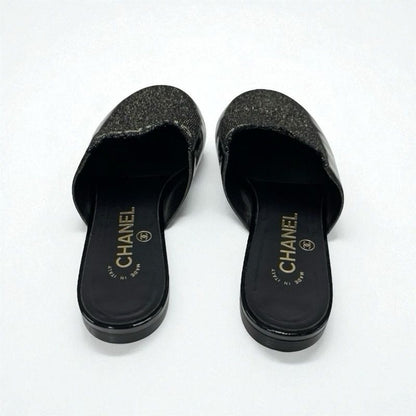 Chanel Flat Shoes Patent Fabric Black Gold Mule Logo Lame