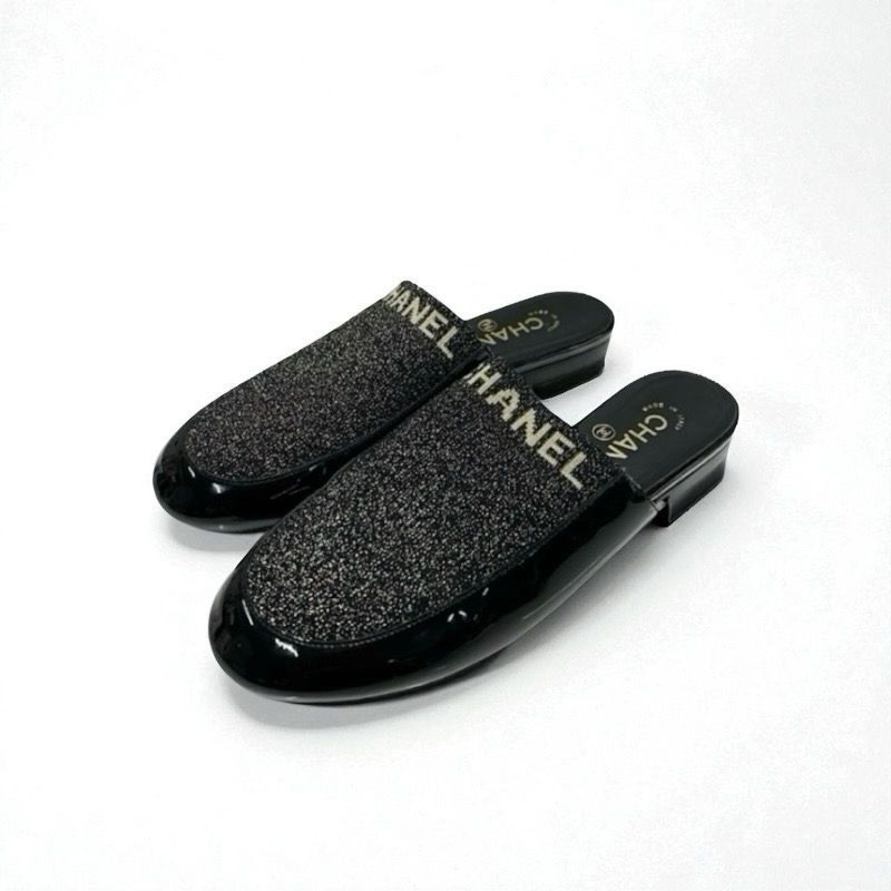 Chanel Flat Shoes Patent Fabric Black Gold Mule Logo Lame