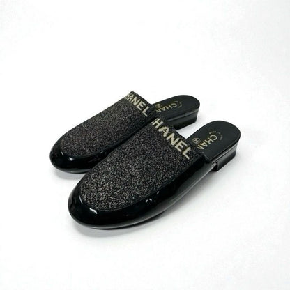 Chanel Flat Shoes Patent Fabric Black Gold Mule Logo Lame