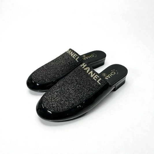 Chanel Flat Shoes Patent Fabric Black Gold Mule Logo Lame