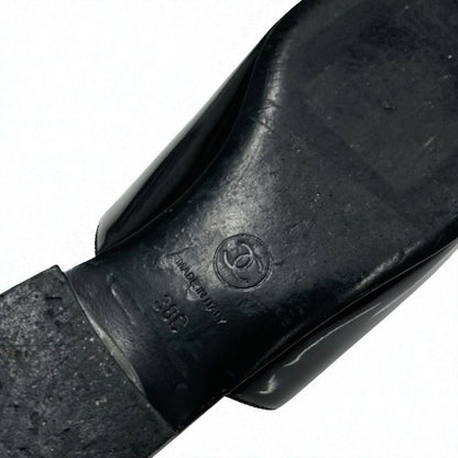 Chanel Flat Shoes Patent Fabric Black Gold Mule Logo Lame