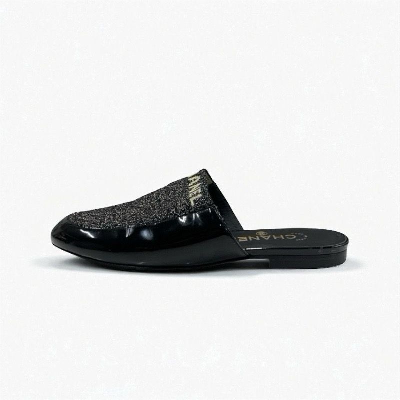 Chanel Flat Shoes Patent Fabric Black Gold Mule Logo Lame