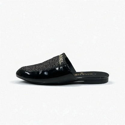 Chanel Flat Shoes Patent Fabric Black Gold Mule Logo Lame