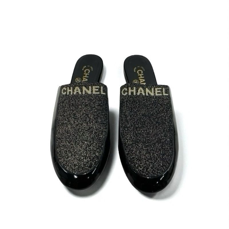 Chanel Flat Shoes Patent Fabric Black Gold Mule Logo Lame