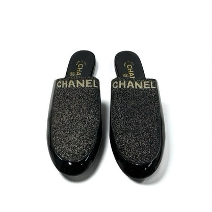 Chanel Flat Shoes Patent Fabric Black Gold Mule Logo Lame