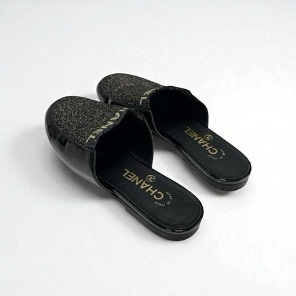 Chanel Flat Shoes Patent Fabric Black Gold Mule Logo Lame