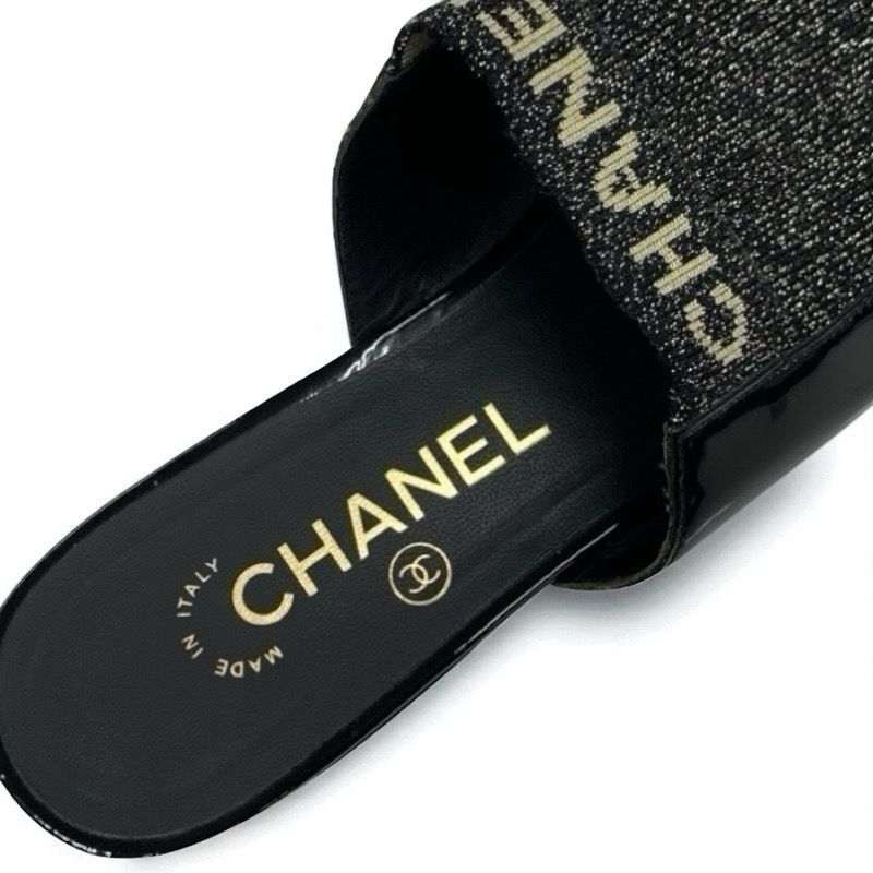 Chanel Flat Shoes Patent Fabric Black Gold Mule Logo Lame