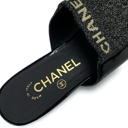 Chanel Flat Shoes Patent Fabric Black Gold Mule Logo Lame