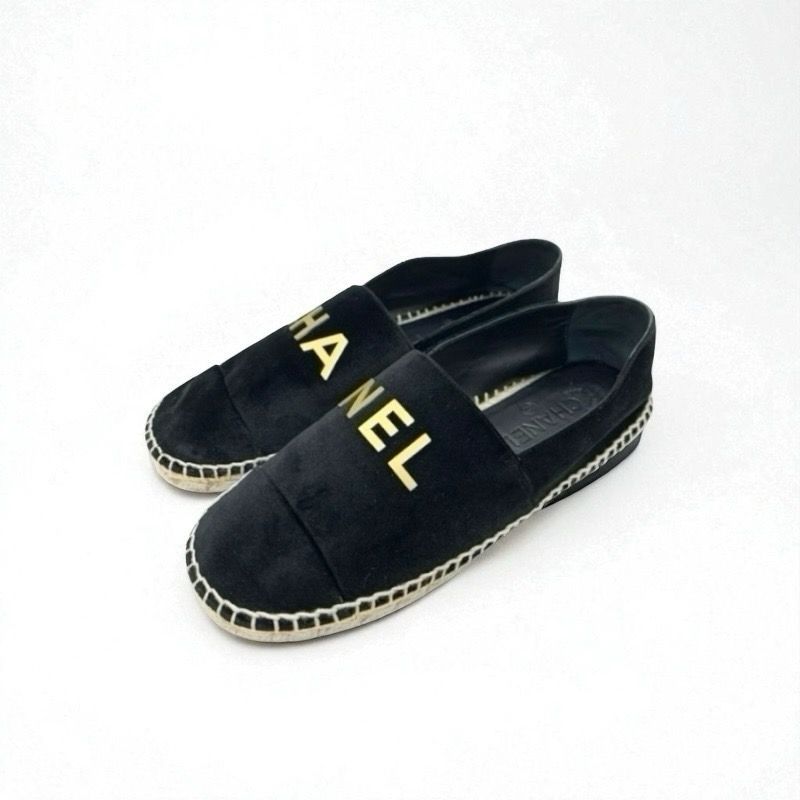 Chanel Flat Shoes Velor Black Gold Black Logo Espadrilles