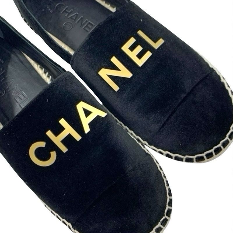 Chanel Flat Shoes Velor Black Gold Black Logo Espadrilles