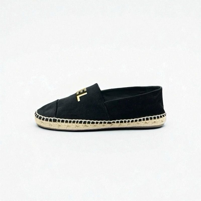 Chanel Flat Shoes Velor Black Gold Black Logo Espadrilles