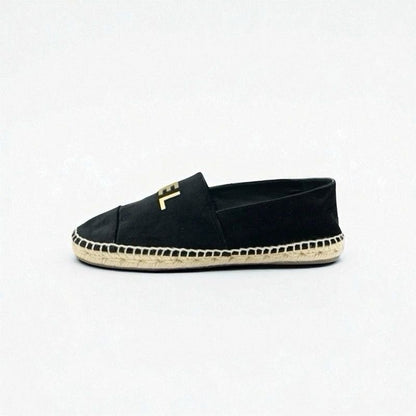 Chanel Flat Shoes Velor Black Gold Black Logo Espadrilles