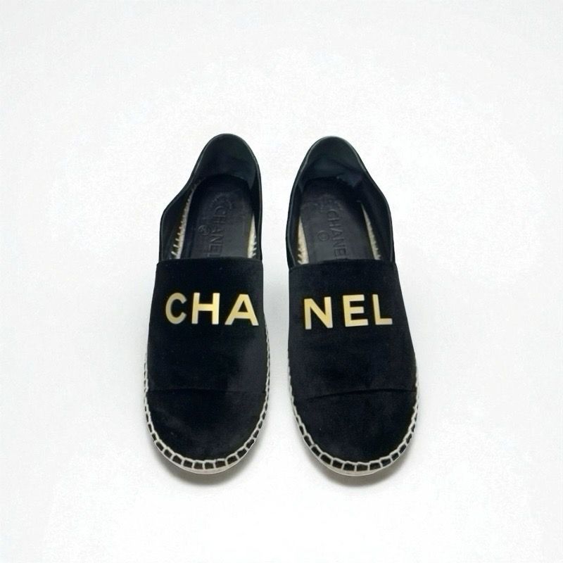 Chanel Flat Shoes Velor Black Gold Black Logo Espadrilles