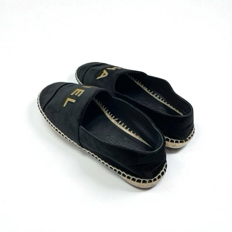 Chanel Flat Shoes Velor Black Gold Black Logo Espadrilles