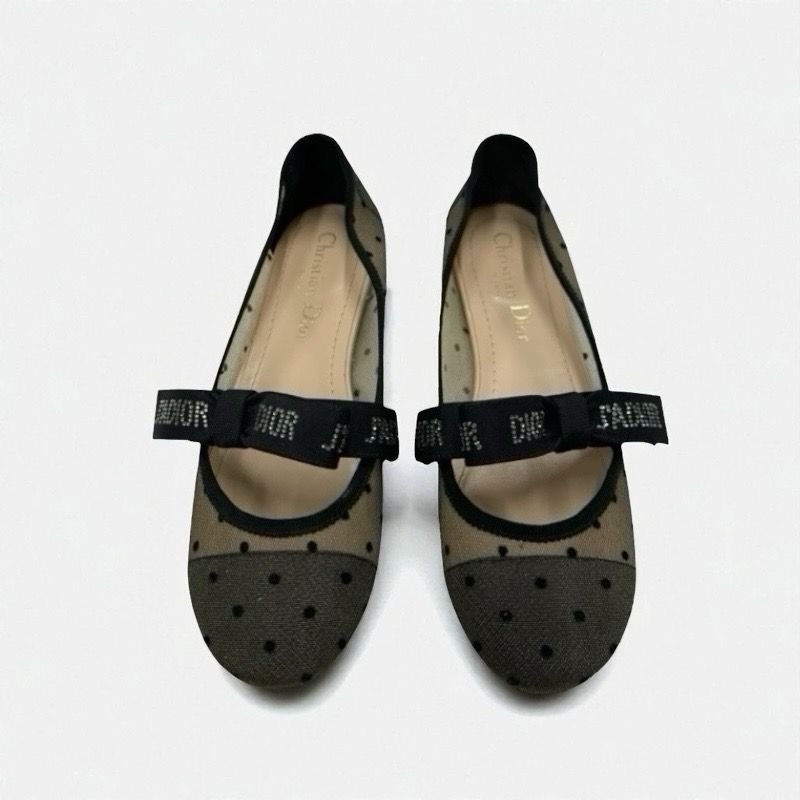 Christian DIOR Jadior Flat Shoes Mesh Fabric Black Logo Dot Ribbon Rhinestone