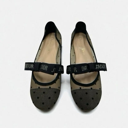 Christian DIOR Jadior Flat Shoes Mesh Fabric Black Logo Dot Ribbon Rhinestone