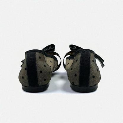 Christian DIOR Jadior Flat Shoes Mesh Fabric Black Logo Dot Ribbon Rhinestone