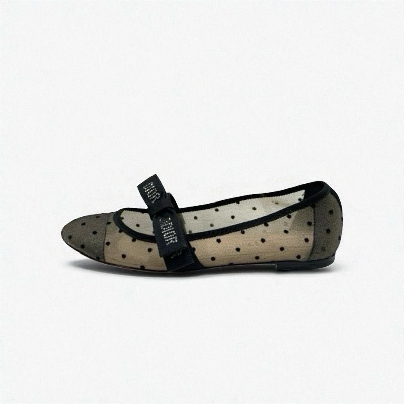 Christian DIOR Jadior Flat Shoes Mesh Fabric Black Logo Dot Ribbon Rhinestone