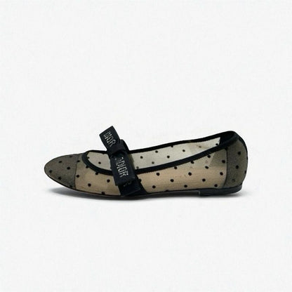 Christian DIOR Jadior Flat Shoes Mesh Fabric Black Logo Dot Ribbon Rhinestone