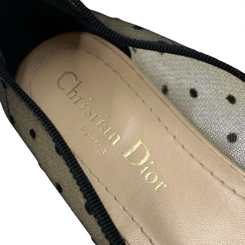 Christian DIOR Jadior Flat Shoes Mesh Fabric Black Logo Dot Ribbon Rhinestone
