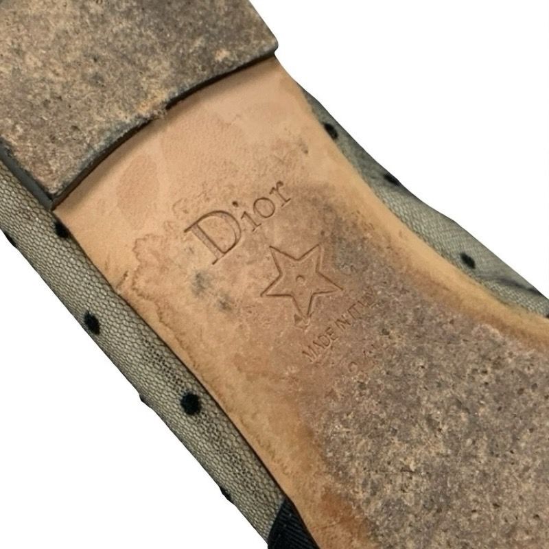 Christian DIOR Jadior Flat Shoes Mesh Fabric Black Logo Dot Ribbon Rhinestone