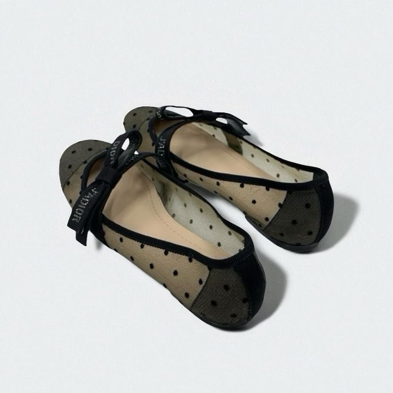 Christian DIOR Jadior Flat Shoes Mesh Fabric Black Logo Dot Ribbon Rhinestone