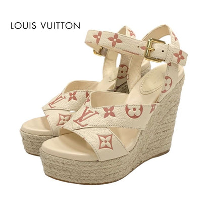 Louis Vuitton Starboard Line Monogram Sandals Shoes Leather Beige Wedge Sole
