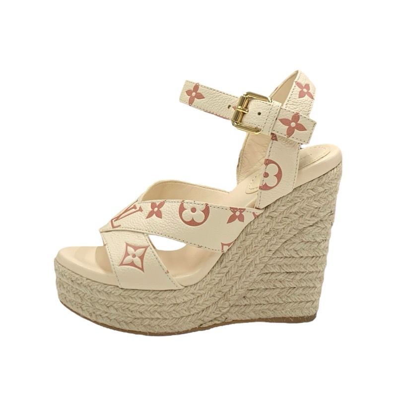 Louis Vuitton Starboard Line Monogram Sandals Shoes Leather Beige Wedge Sole