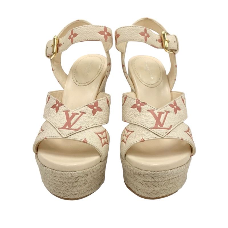 Louis Vuitton Starboard Line Monogram Sandals Shoes Leather Beige Wedge Sole