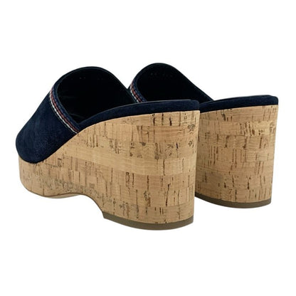 Chanel Sandals Shoes Suede Cork Navy Multicolor Coco Mark Wedge Sole