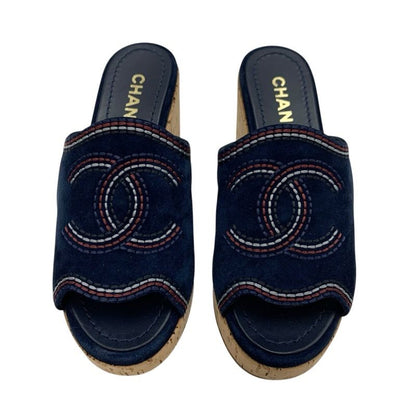 Chanel Sandals Shoes Suede Cork Navy Multicolor Coco Mark Wedge Sole