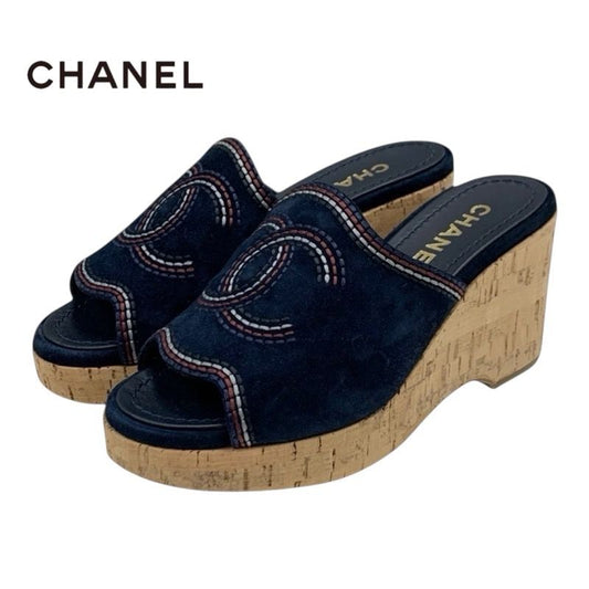 Chanel Sandals Shoes Suede Cork Navy Multicolor Coco Mark Wedge Sole