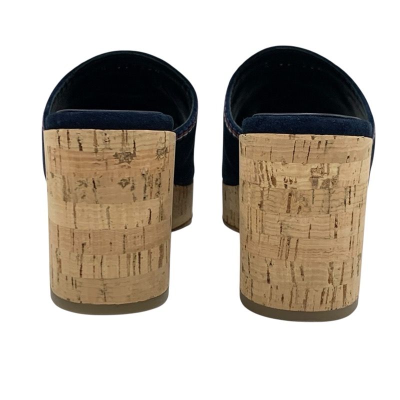 Chanel Sandals Shoes Suede Cork Navy Multicolor Coco Mark Wedge Sole