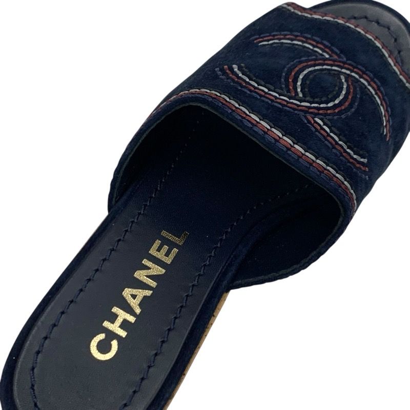 Chanel Sandals Shoes Suede Cork Navy Multicolor Coco Mark Wedge Sole