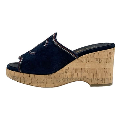 Chanel Sandals Shoes Suede Cork Navy Multicolor Coco Mark Wedge Sole