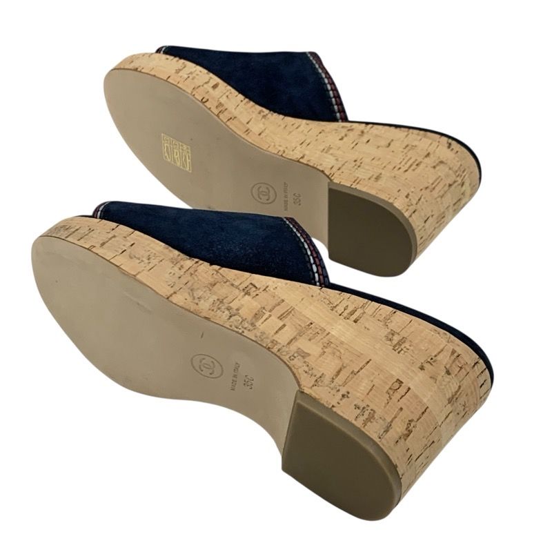 Chanel Sandals Shoes Suede Cork Navy Multicolor Coco Mark Wedge Sole