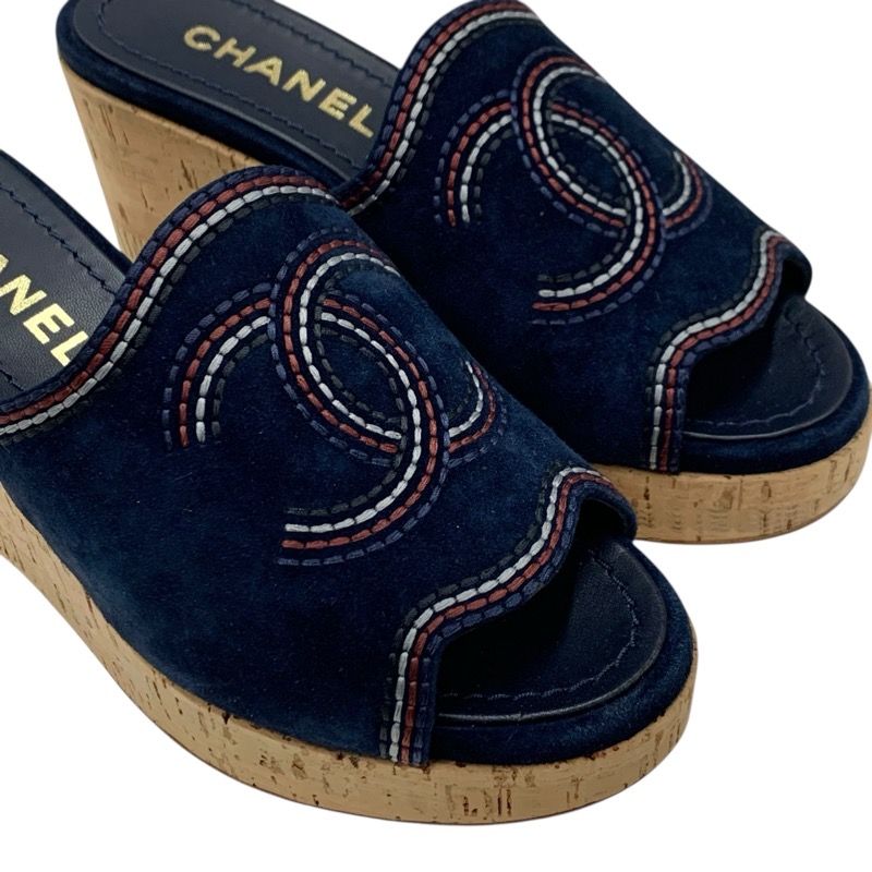 Chanel Sandals Shoes Suede Cork Navy Multicolor Coco Mark Wedge Sole