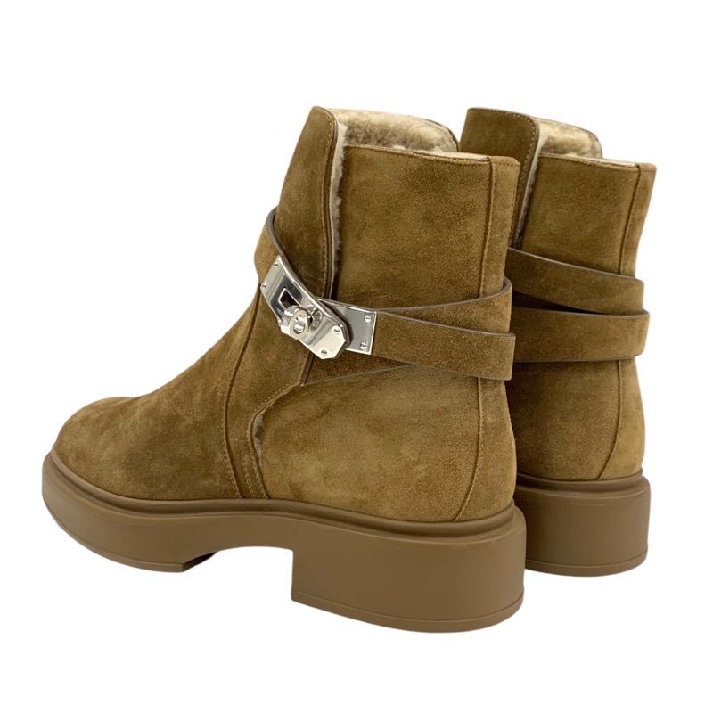 Hermes Veo Boots Short Boots Shoes Suede Shearling Brown Silver Shearling Boots