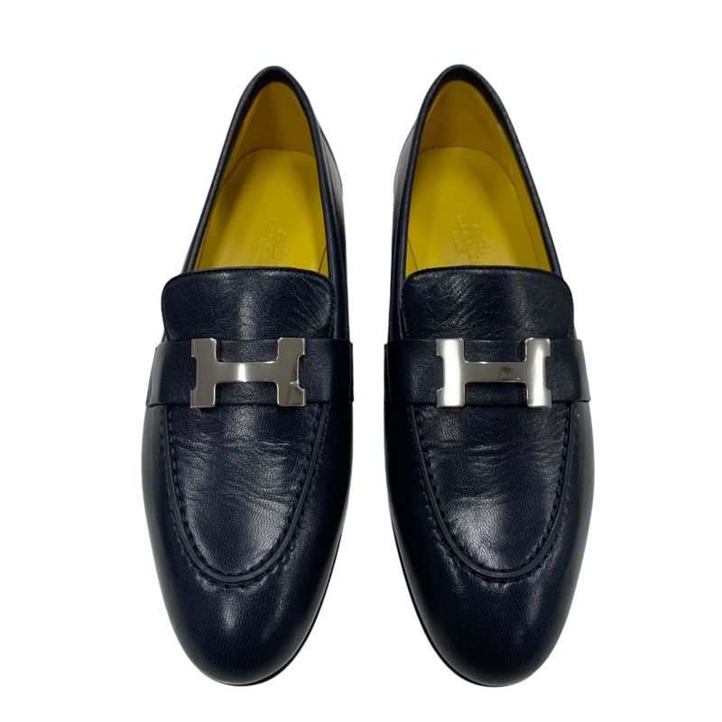 Hermes Paris Loafer Leather Shoes Leather Navy Silver Constance Moccasin Flat