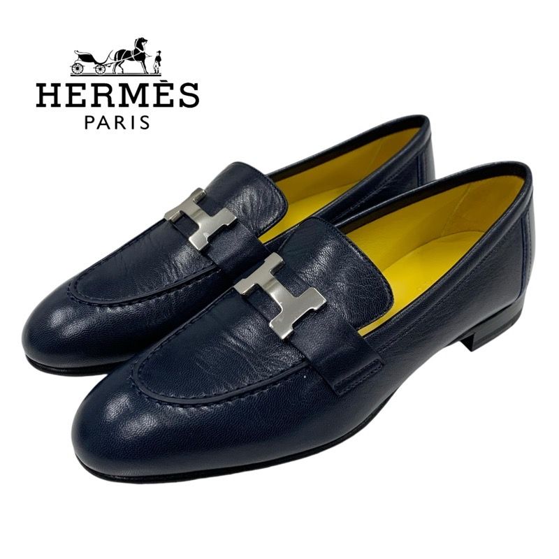 Hermes Paris Loafer Leather Shoes Leather Navy Silver Constance Moccasin Flat